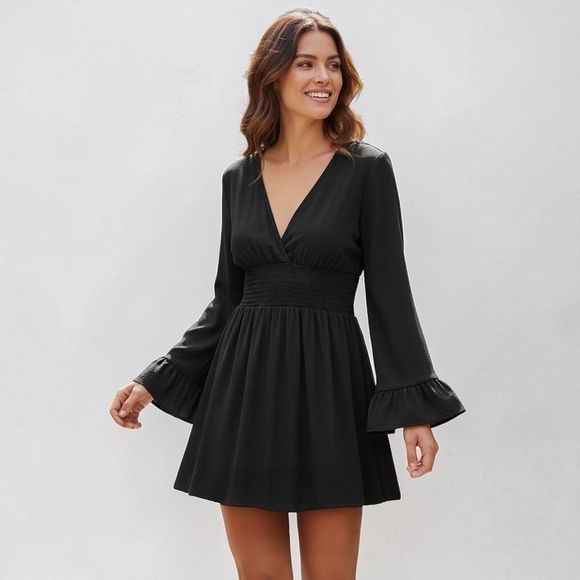 Unbranded Dresses & Skirts - Black V-Neck Smocked Waist Bell Sleeve Ruffle Mini Dress Womens Medium